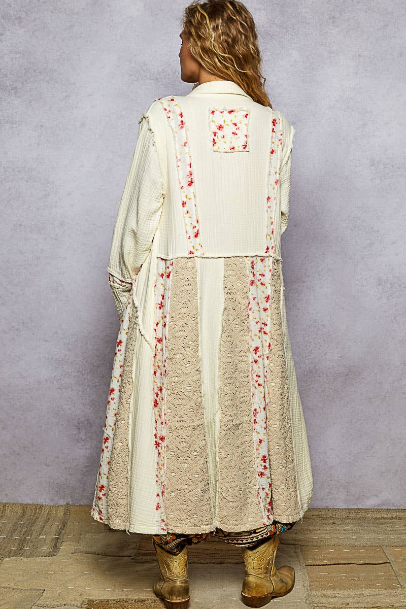 Long Sleeve Double Gauze Floral Patch Woven Long Jacket: NATURAL