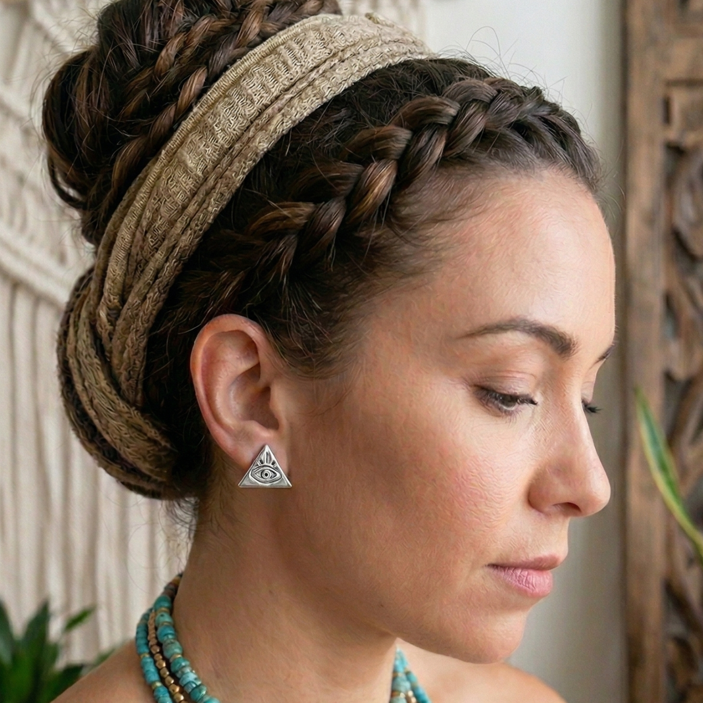 Stainless Steel Evil Eye Pyramid Studs | Mystical Boho Amulet Earrings