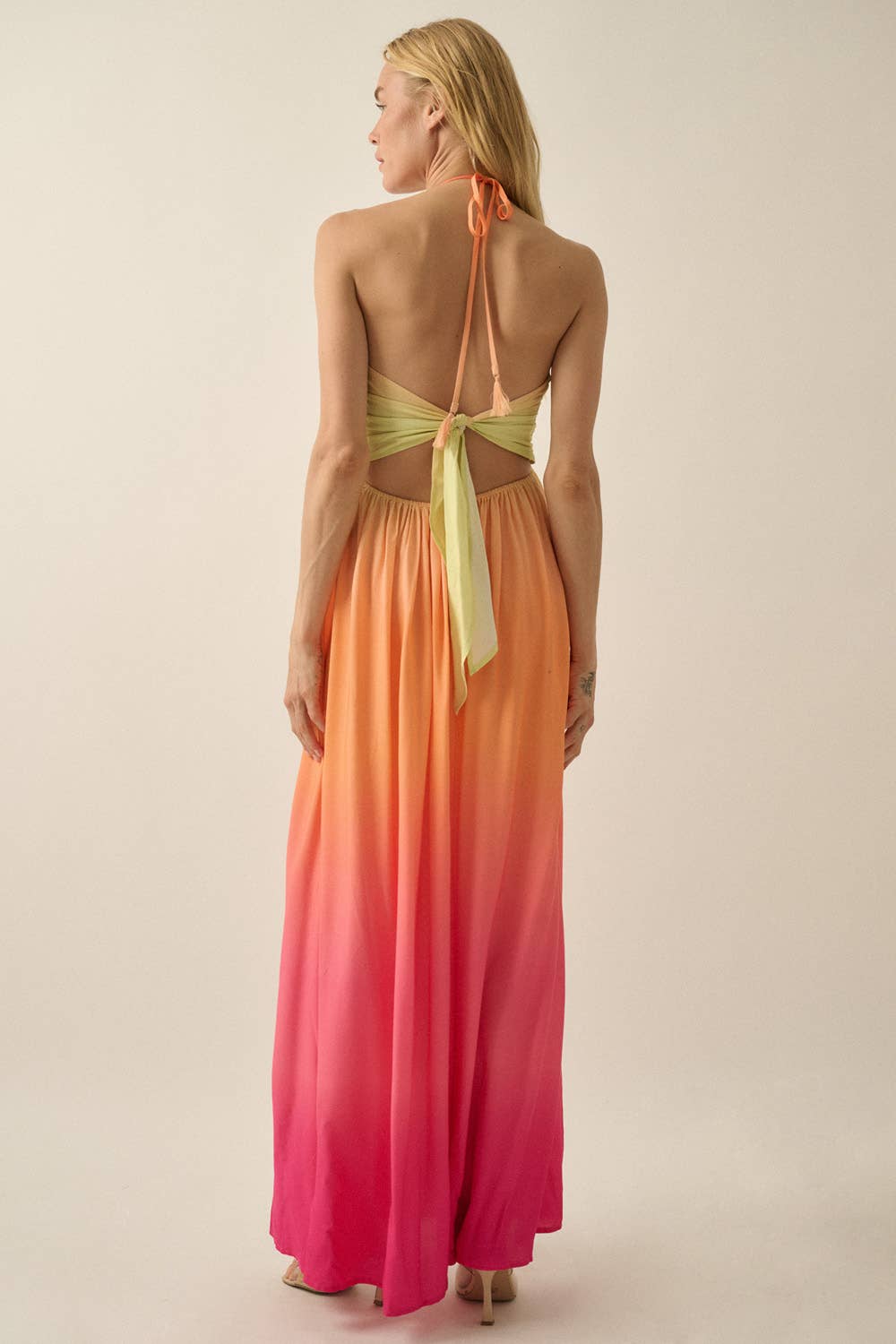 Ombre Crepe Tie-Back Halter Pocket Maxi Dress