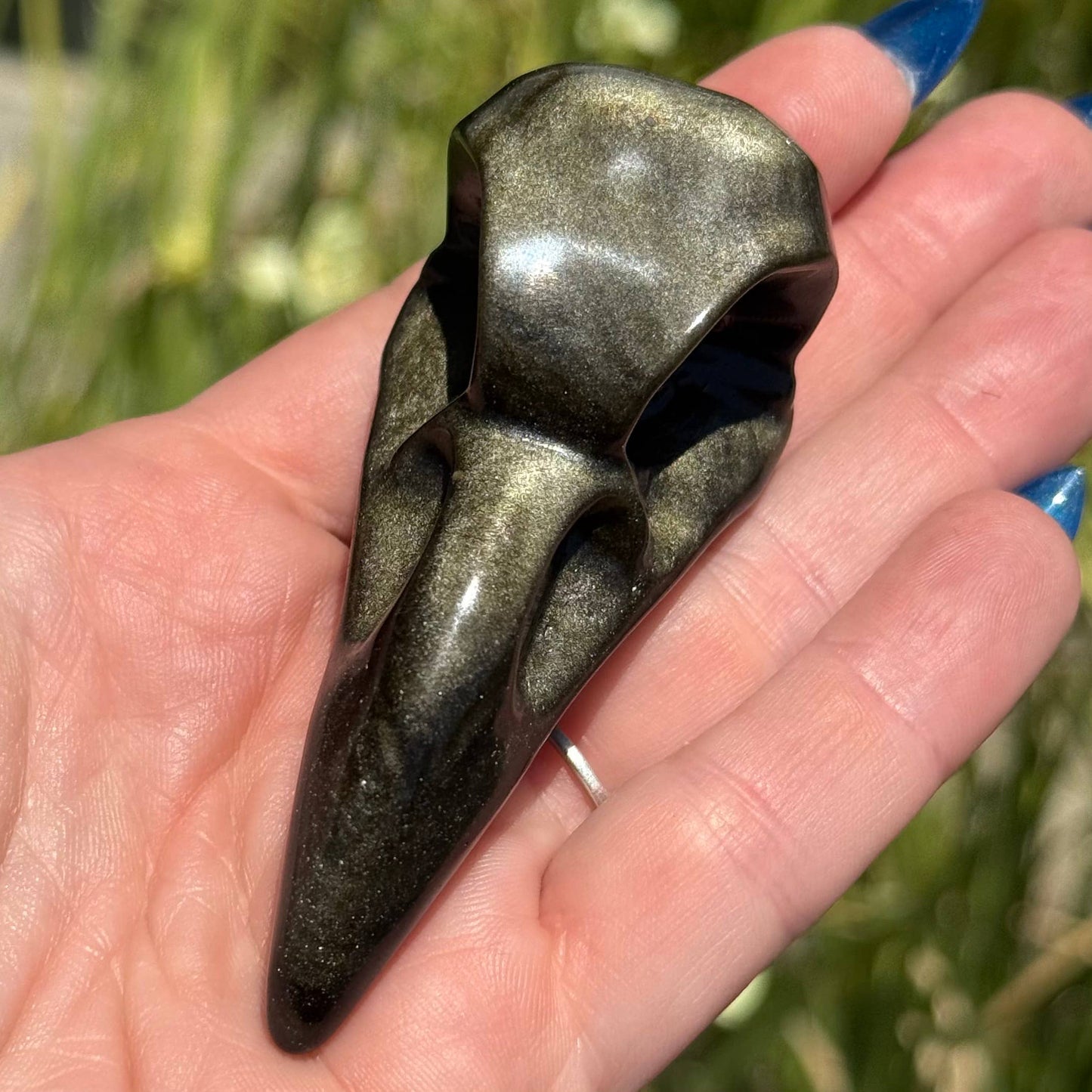 Gold Sheen Obsidian Raven Skull Carving 3"