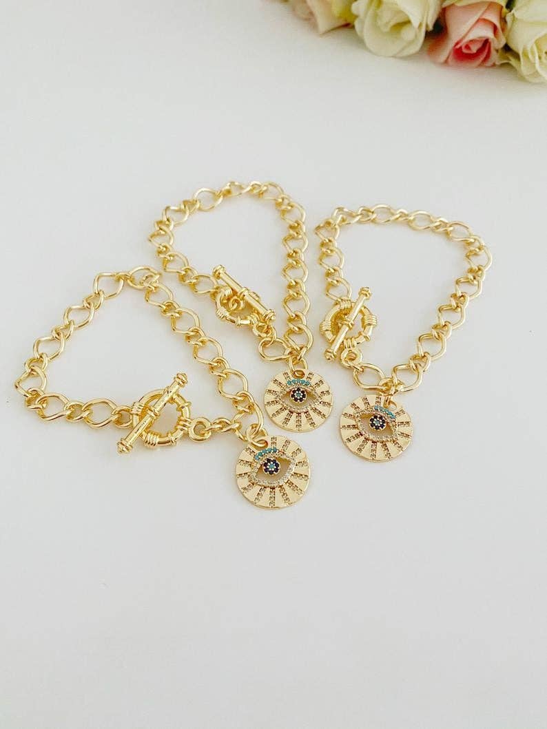 Evil Eye Gold Chain Toggle Bracelet