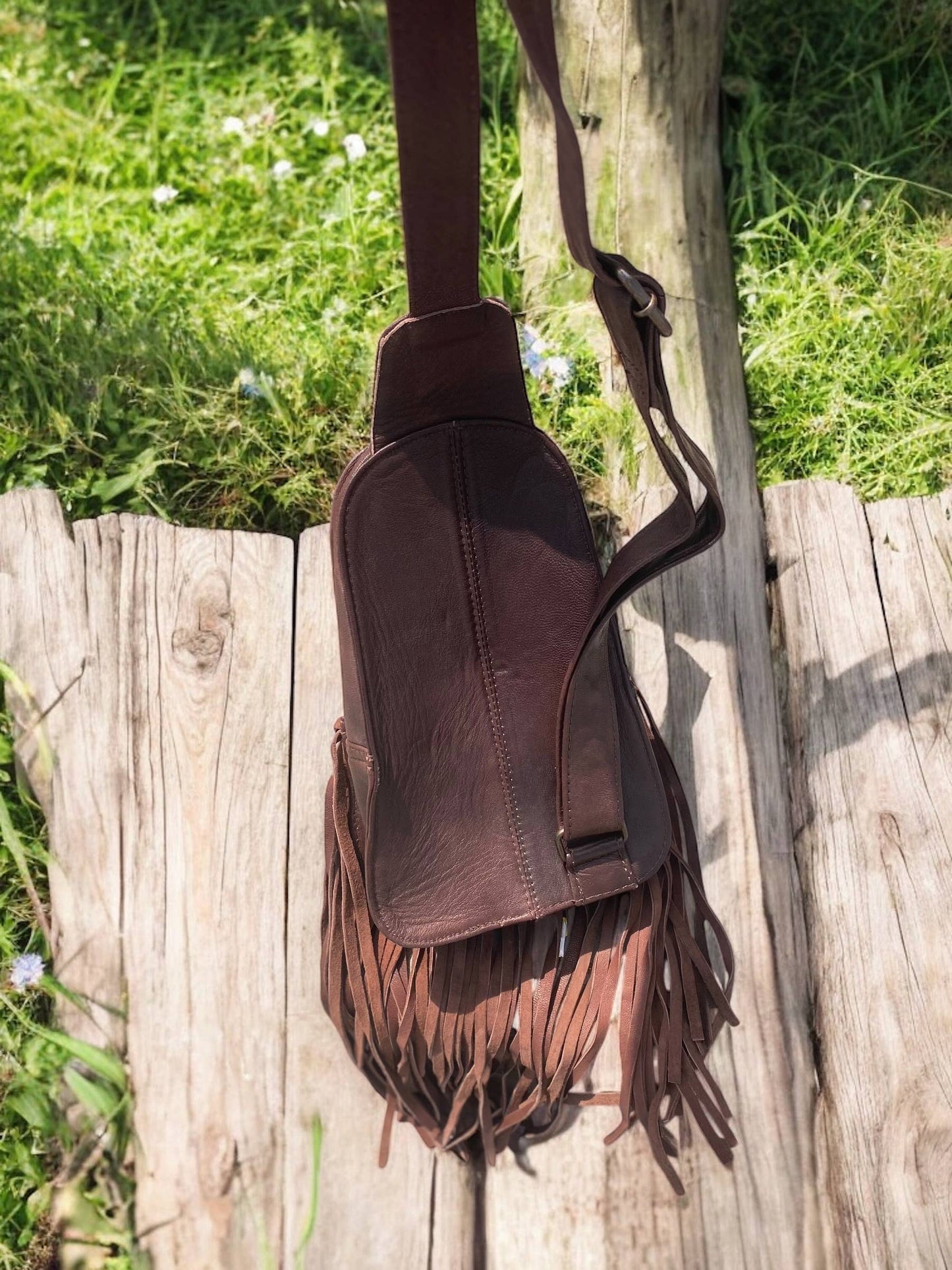 Brown Tooled Leather Fringe Sling Bag