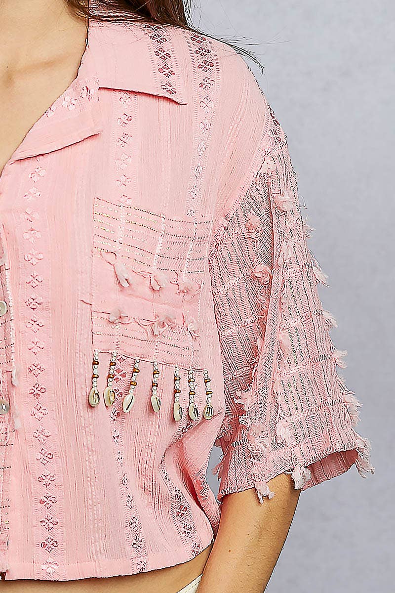 Boho Woven Texture Fringe Shell Beads Short Shirt Top