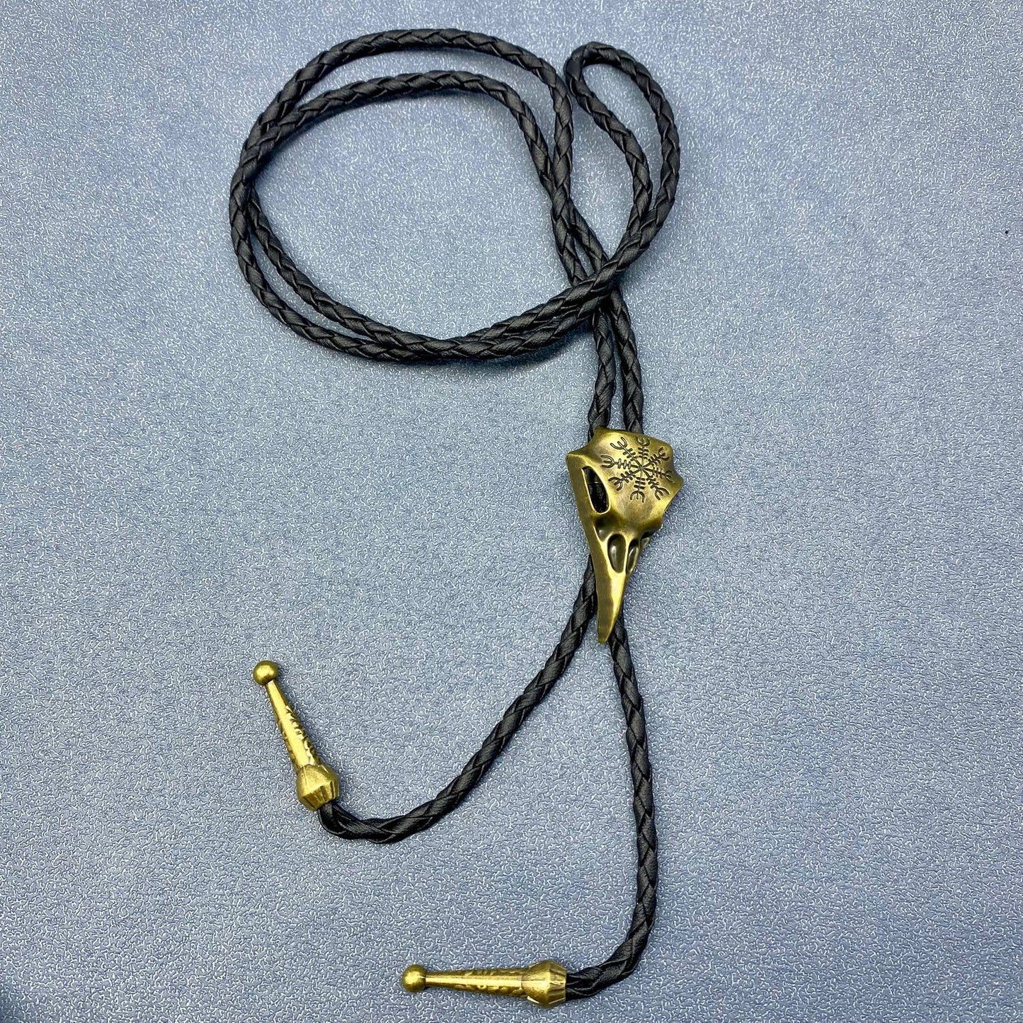 Viking Crow Skull Charm Artificial Leather Poirot Rope Bolo Necklace