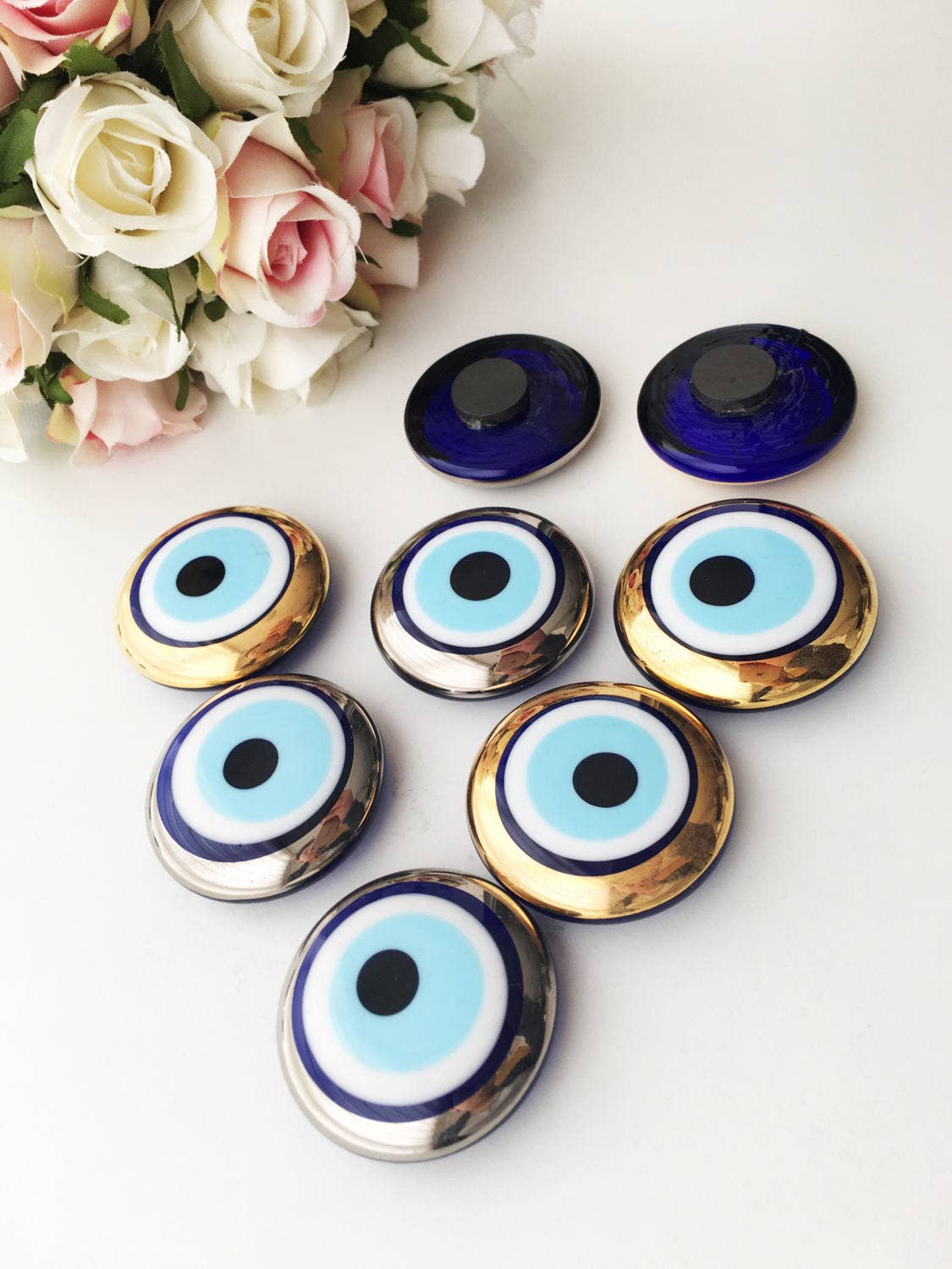 Glass evil eye magnet, gold and silver evil eye charm