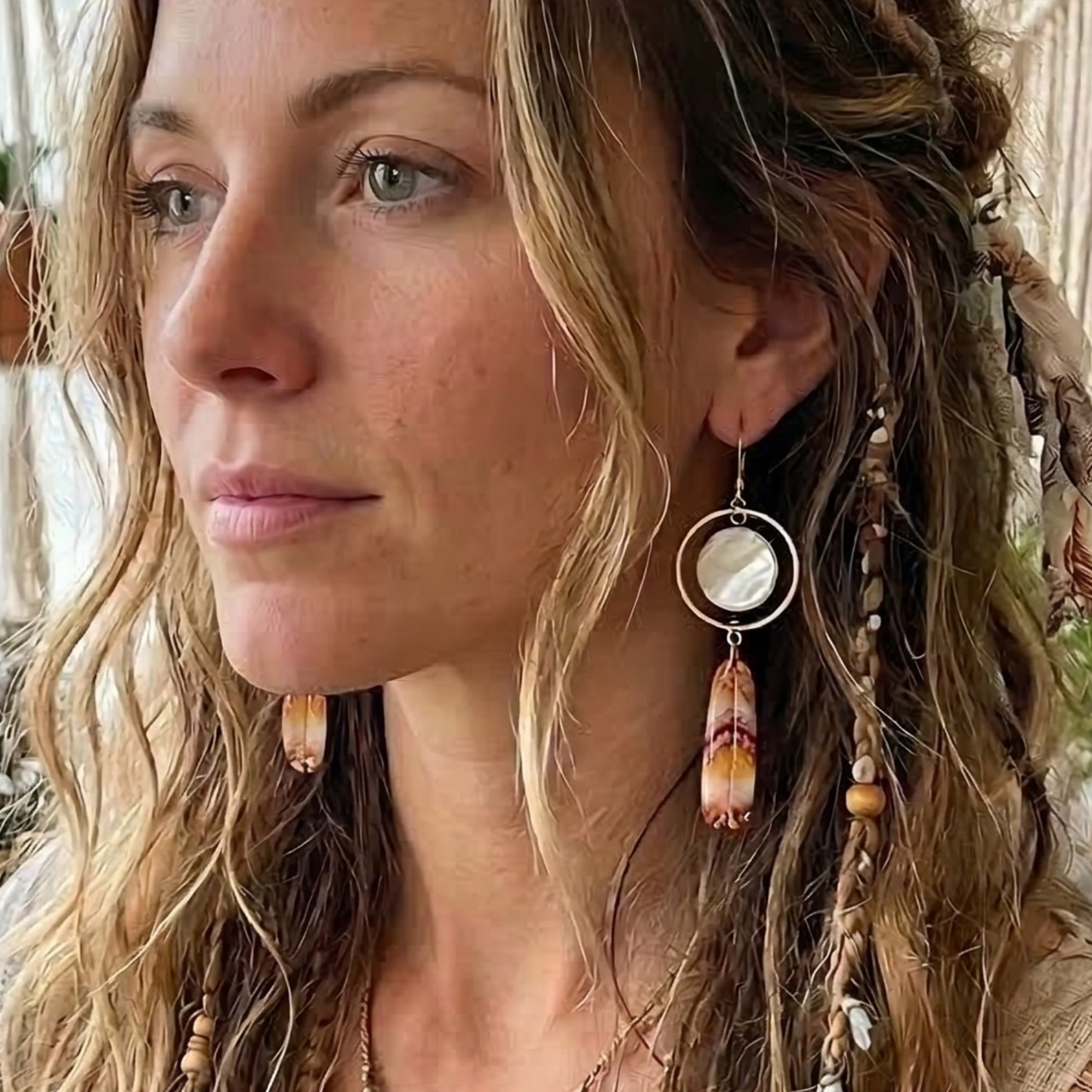 Mother of Pearl Feather Dangle Earrings – Brass & Natural Shell