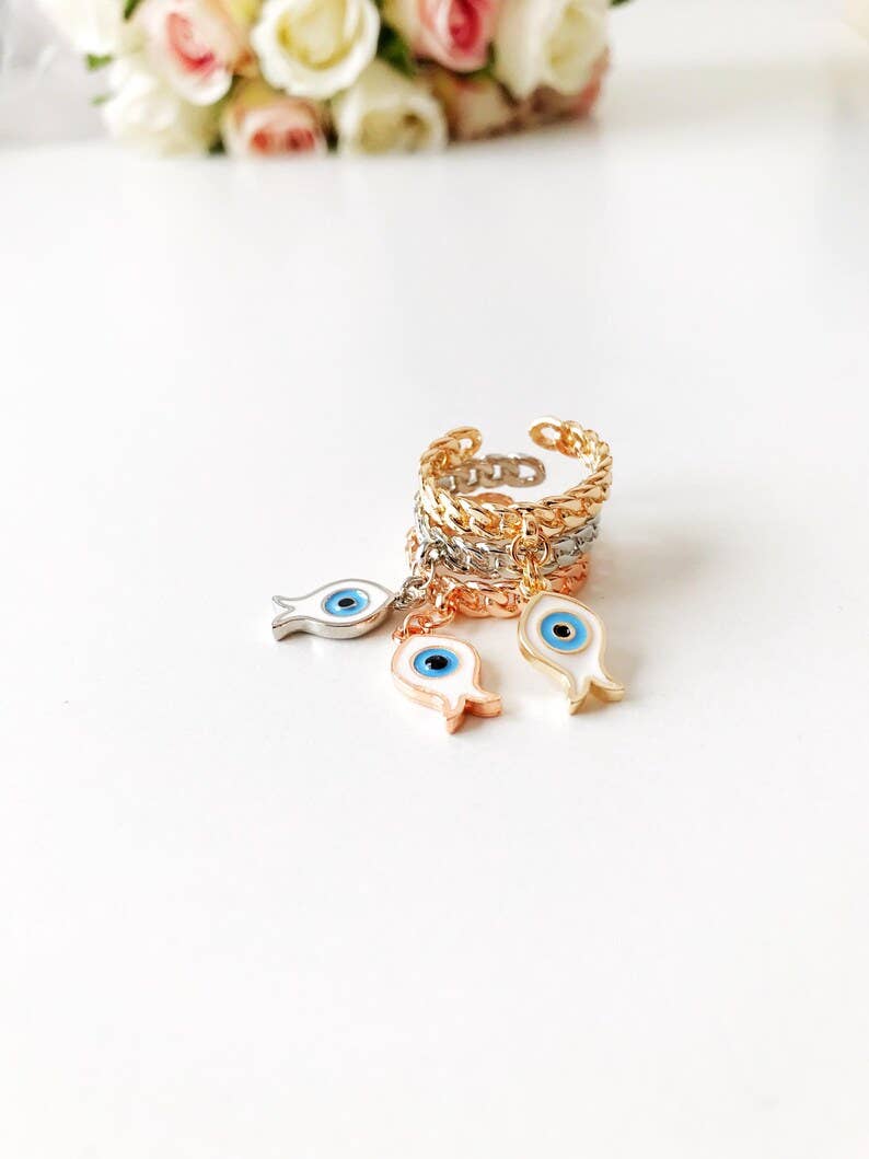 Evil Eye Adjustable Ring Fish or Heart Charm