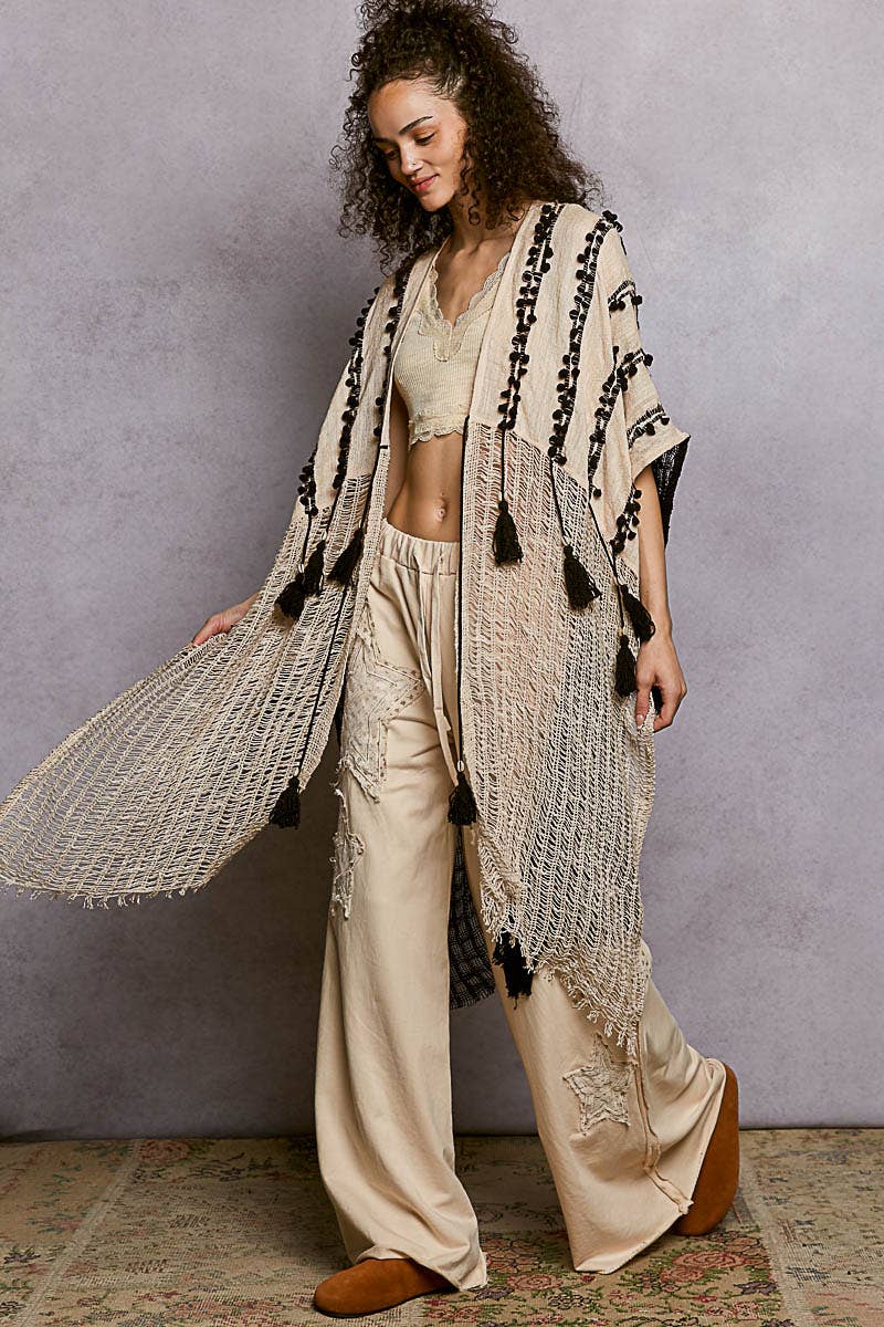 Boho Embroidered Cotton Tassel Loop Midi Cardigan