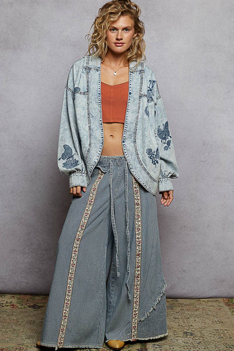 Vintage washing solid embroidery denim woven cardigan jacket