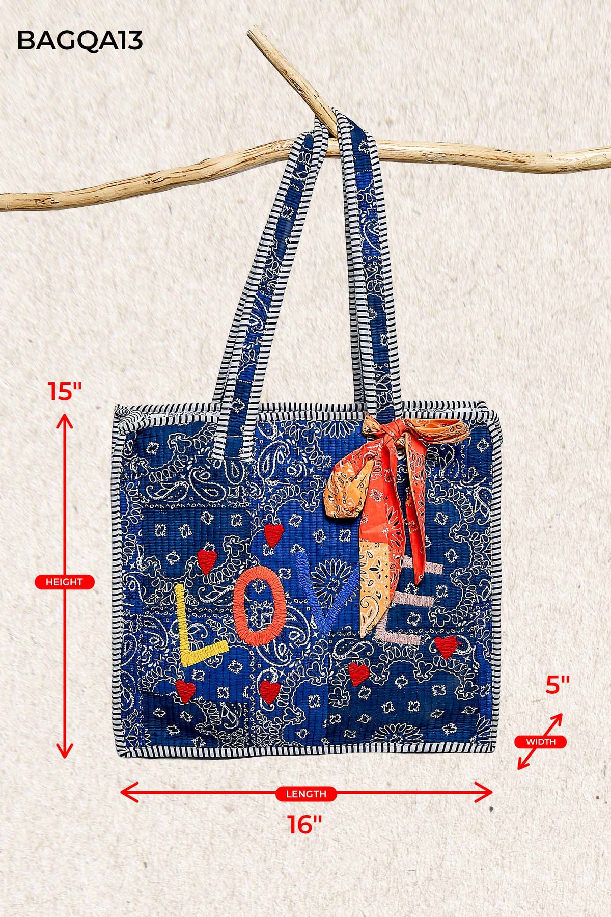 Quilted Indigo Paisley LOVE Tote Bag