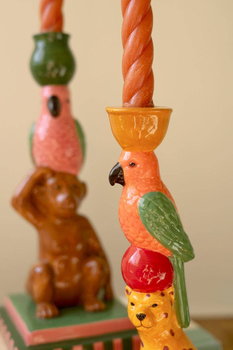 CERAMIC CHEETAH AND MONKEY TAPER CANDLE HOLDERS