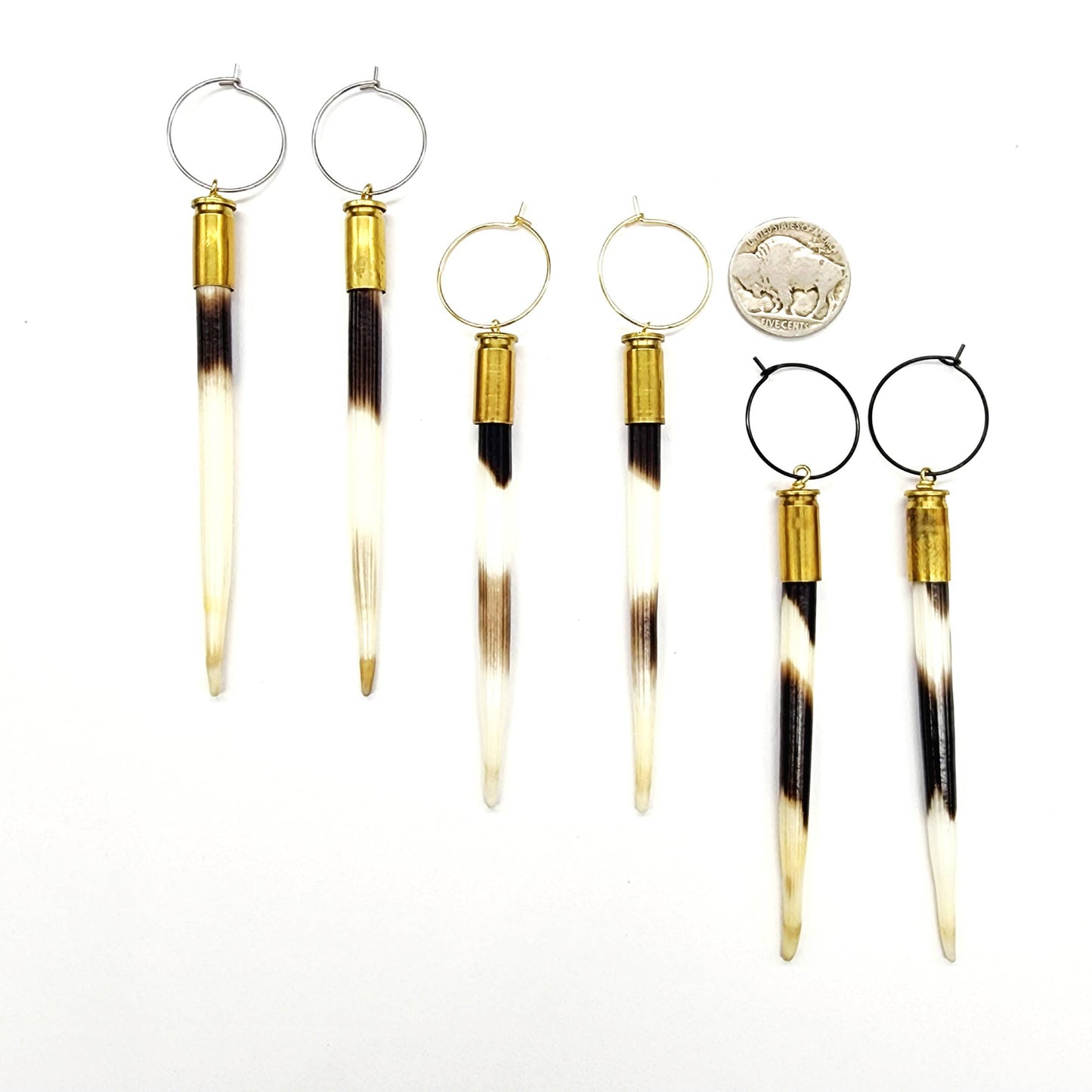 Spent Brass Bullet Casing & Porcupine Quill Earrings