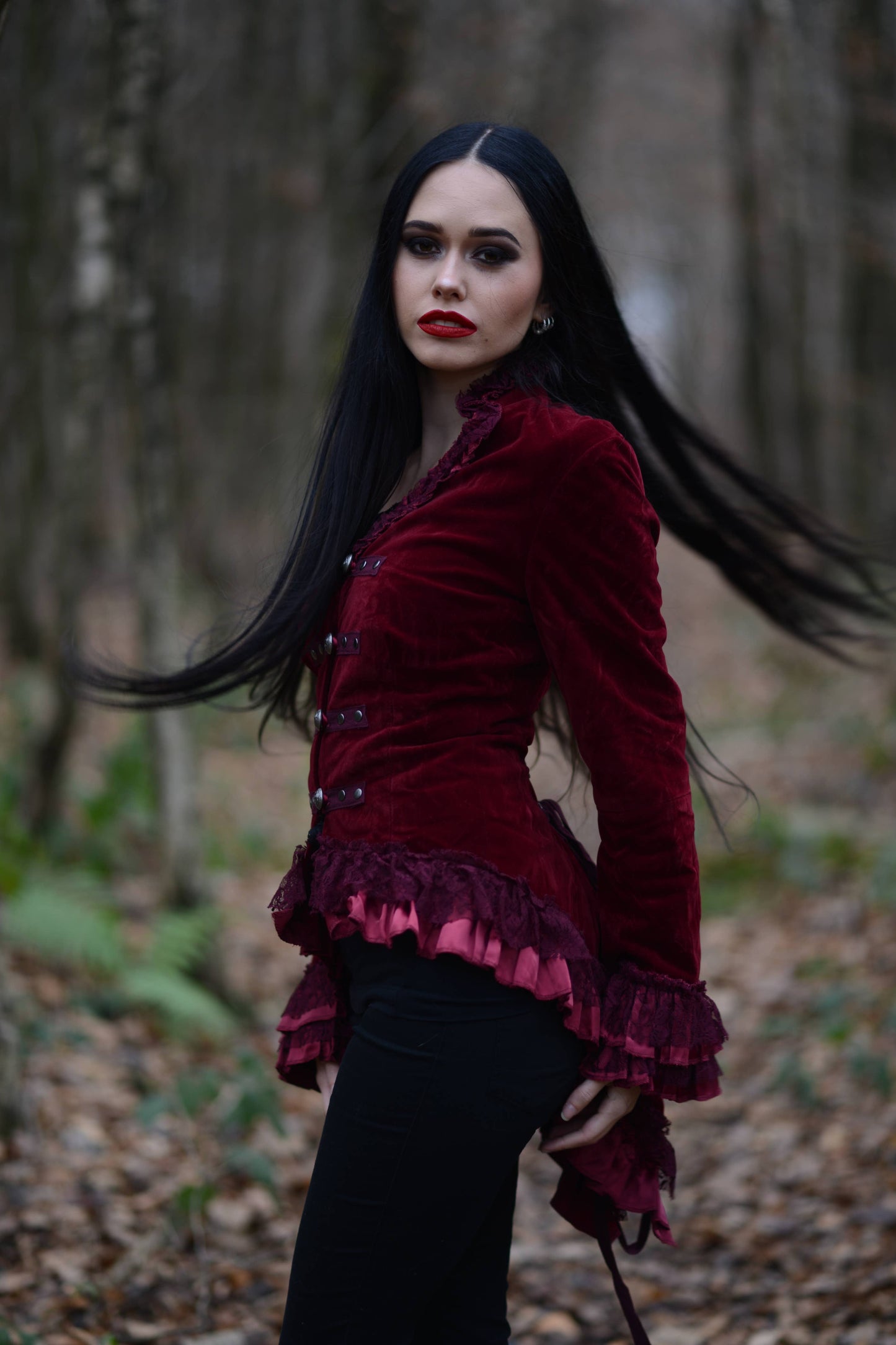 Red Velvet Steampunk Tail Jacket Gothic Burlesque Tailcoat : Small-3XL