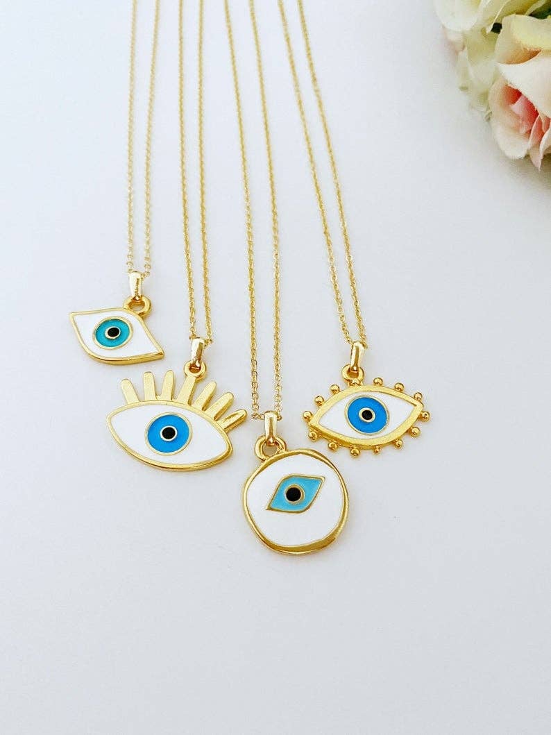 Evil Eye Necklace, White Evil Eye Bead, Gold Necklace, Eye-shaped Charm