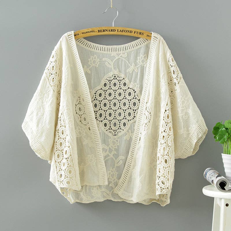 Crosa - Lace Open Front Cardigan with Batwing Sleeves: WHITE / AVERAGE