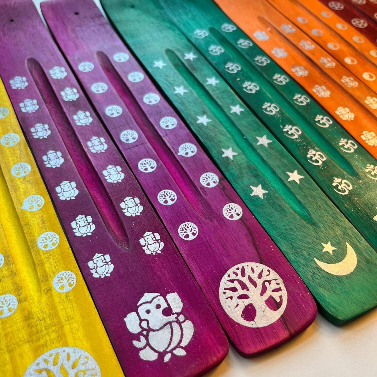 10" Wooden Incense Holders – Assorted Colors & Symbols