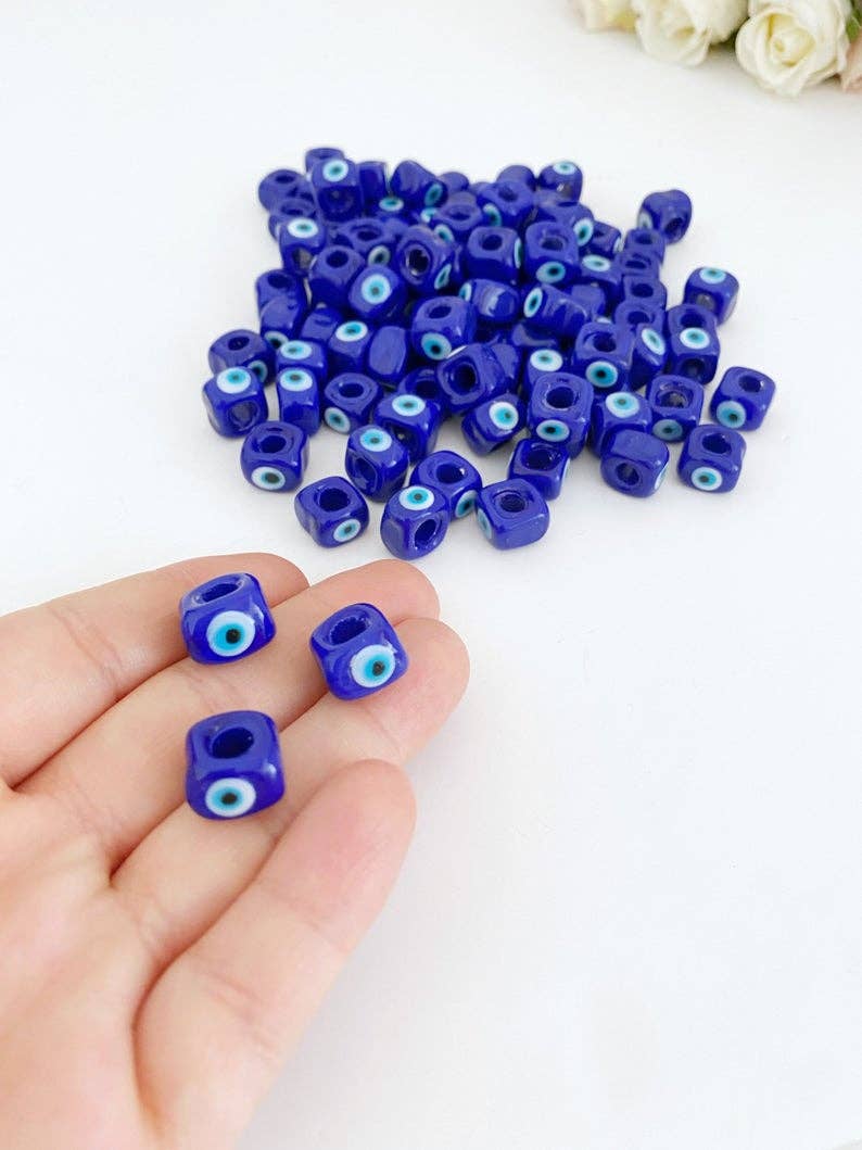 5 Pcs Big Evil Eye Cube Beads, Blue Glass Evil Eye Bead