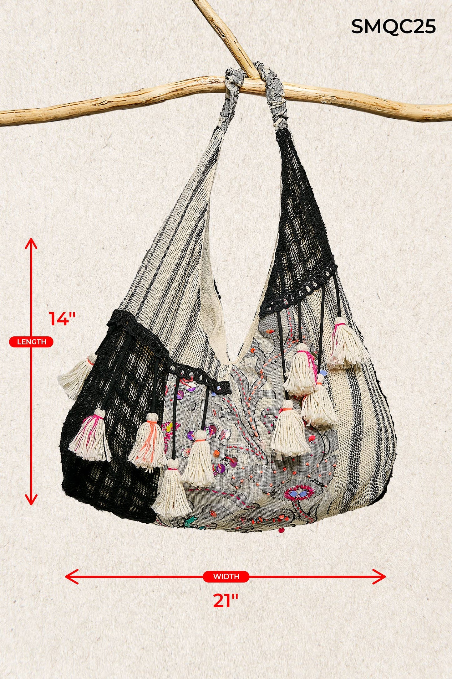 Roomy Fit Patchwork Tassel Black Hobo Bag