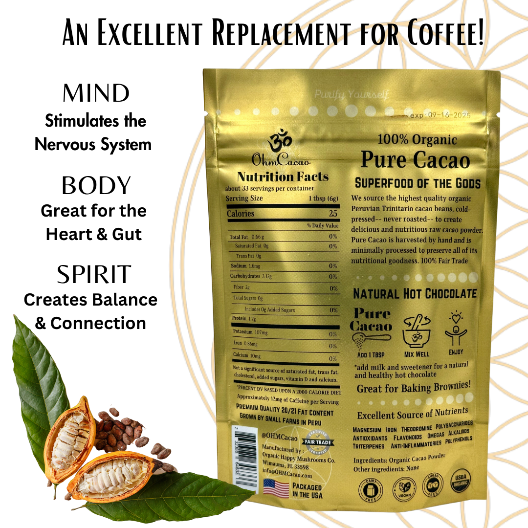 Ohm Pure Cacao | Unsweetened Raw Cacao Powder | 33 Servings - 7oz