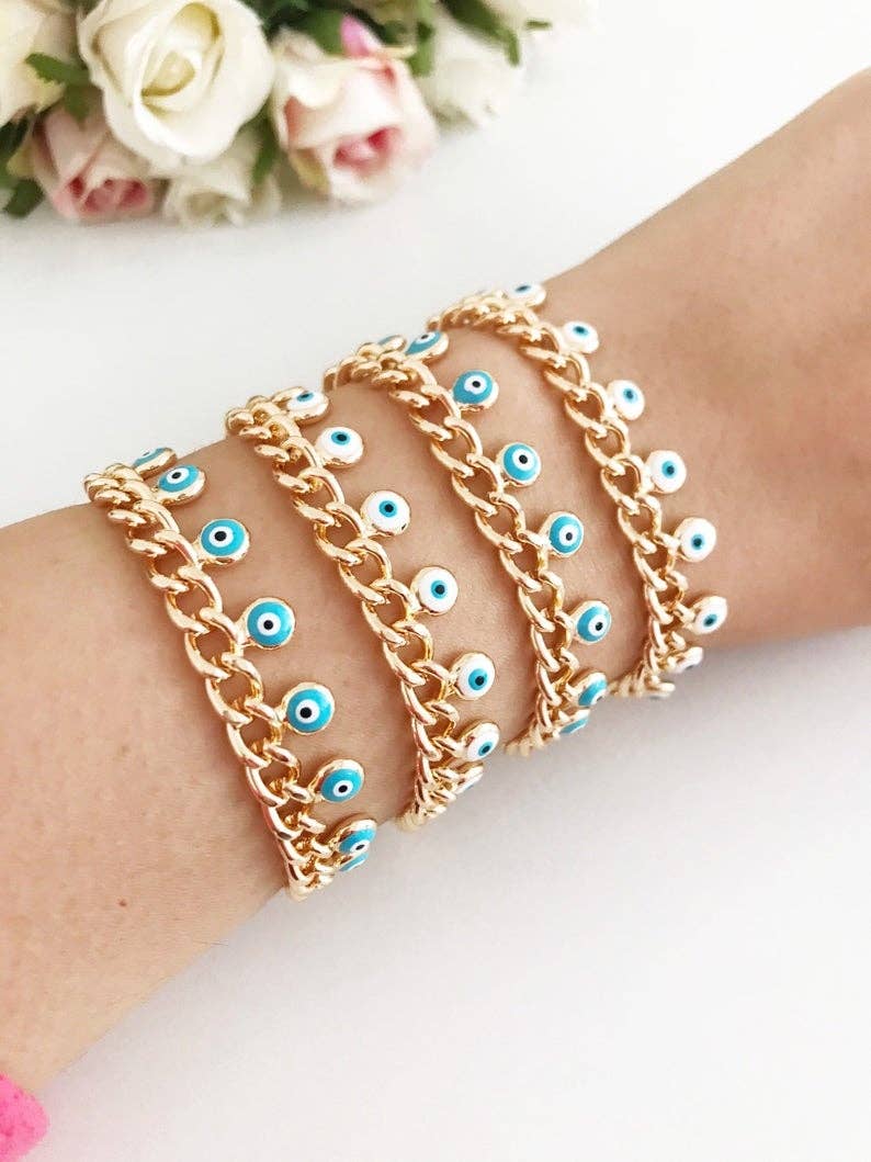 Evil Eye Gold Chain Bracelet, White Evil Eye Bead