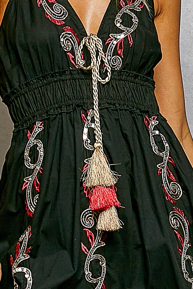 V-Neck Sleeveless Embroidery Tiered Cotton Dress