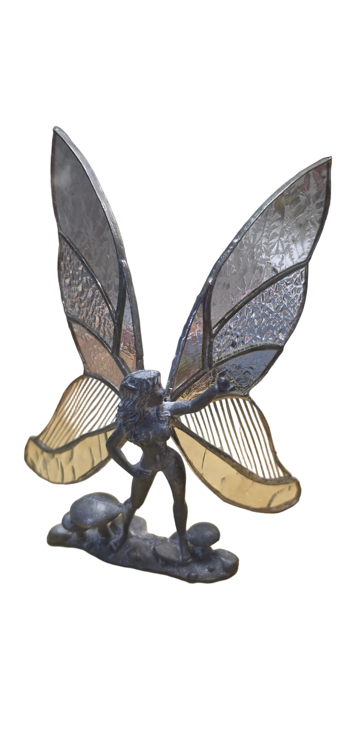 Pewter Stained Glass Fairy Girl on mushroom patch