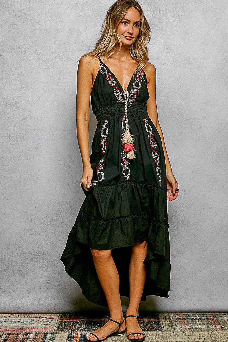 V-Neck Sleeveless Embroidery Tiered Cotton Dress