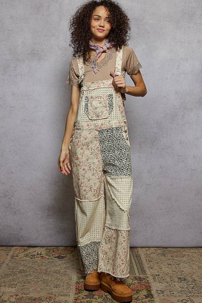 Overalls Animal/Floral Printed Frayed Edge Twill Woven overalls: DENIM S - L