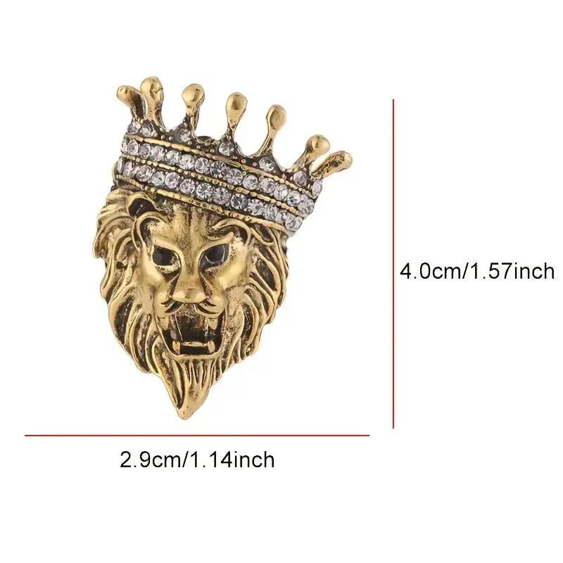 Regal Lion Crown Brooch – Gold & Crystal Suit Pin