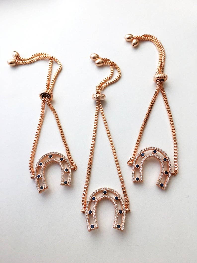 Horseshoe, Lucky Charm, Zircon and Rose Gold, Adjustable Bracelet
