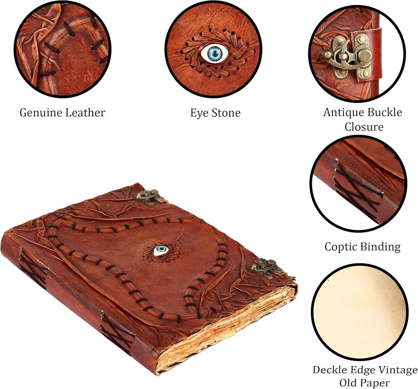 TUZECH Cutomizable Hocus Pocus Book of Spells Leather Journal Third Eye Deckle Edge Paper Grimoire Journal Vintage Book of Shadows Seven Chakra Antique Spell Book Lock Clasp Notebook Witch