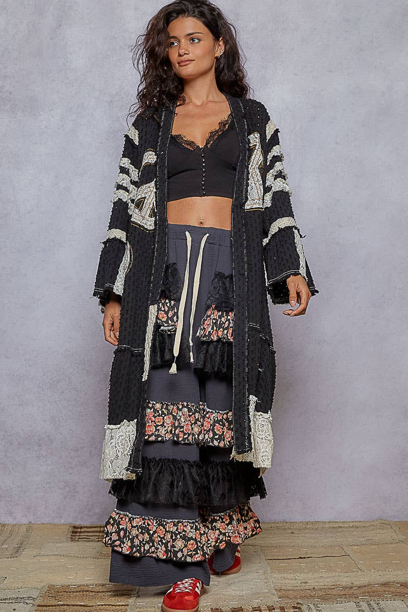 Vintage solid peace patch long cardigan woven top: Black