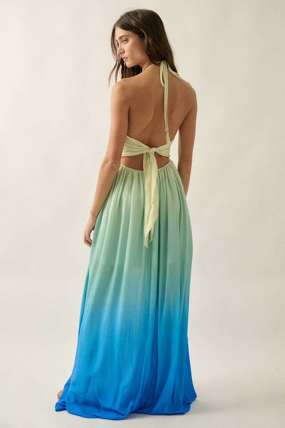Ombre Crepe Tie-Back Halter Pocket Maxi Dress