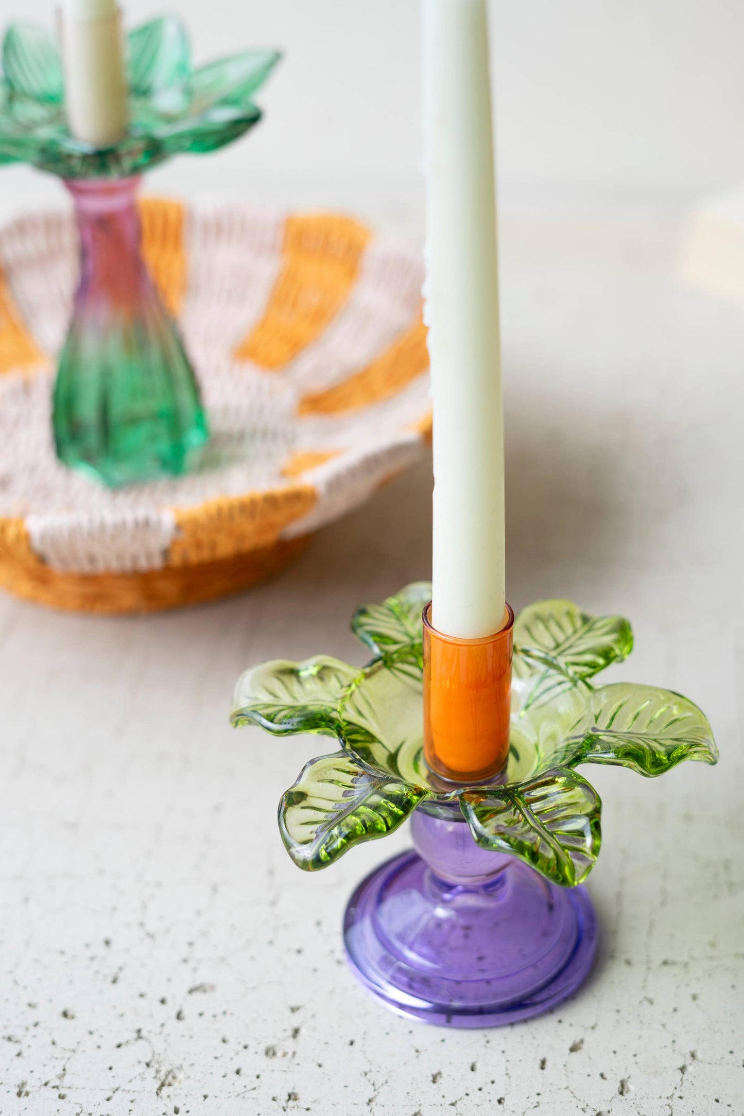 COLORED GLASS FLOWER TAPER CANDLE HOLDERS