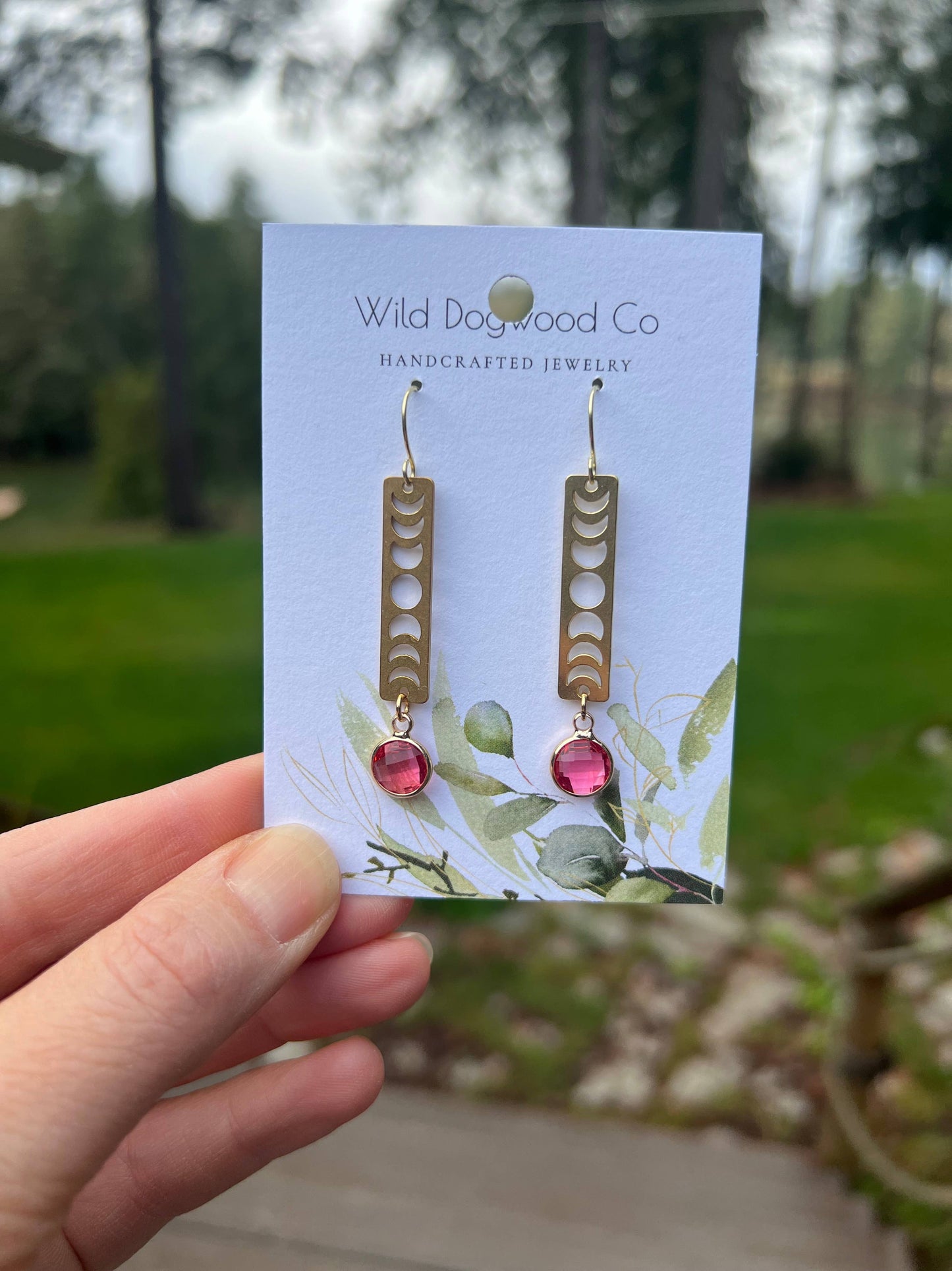 Crescent moon pink brass dangle earrings. Moon phases.