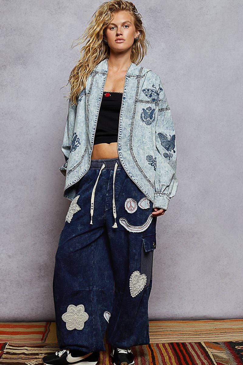 Vintage washing solid embroidery denim woven cardigan jacket