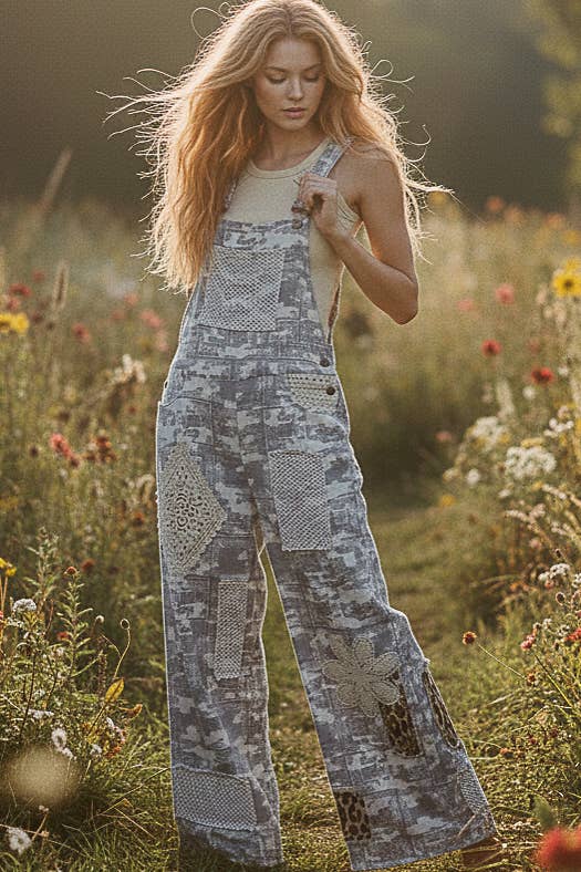 Crochet Contrast Patch Detail Chest Pocket Woven Overalls