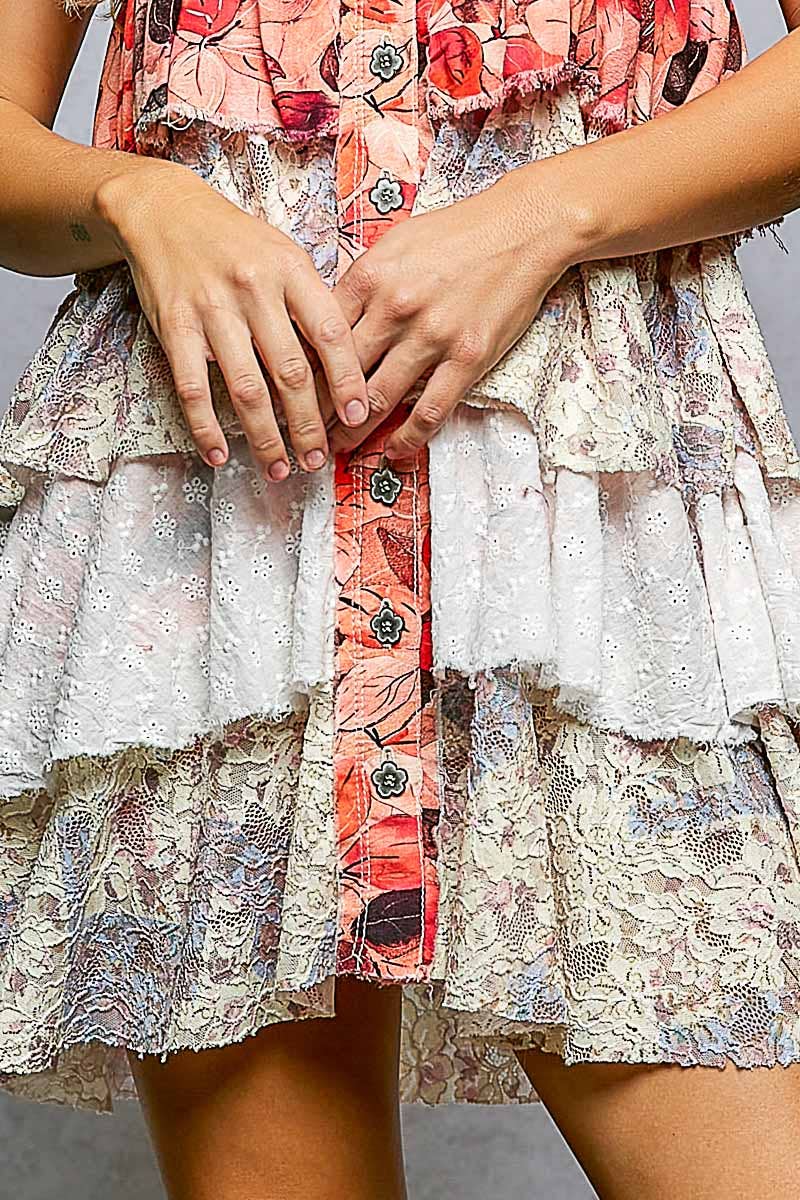 Boho Eyelet Patch Ruffle Floral Print Mini Dress