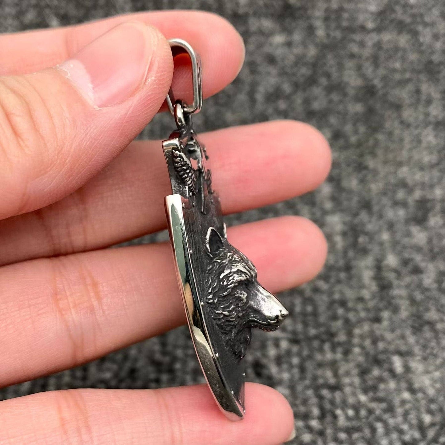 Stainless Steel Eagle & Wolf Head Shield Pendant