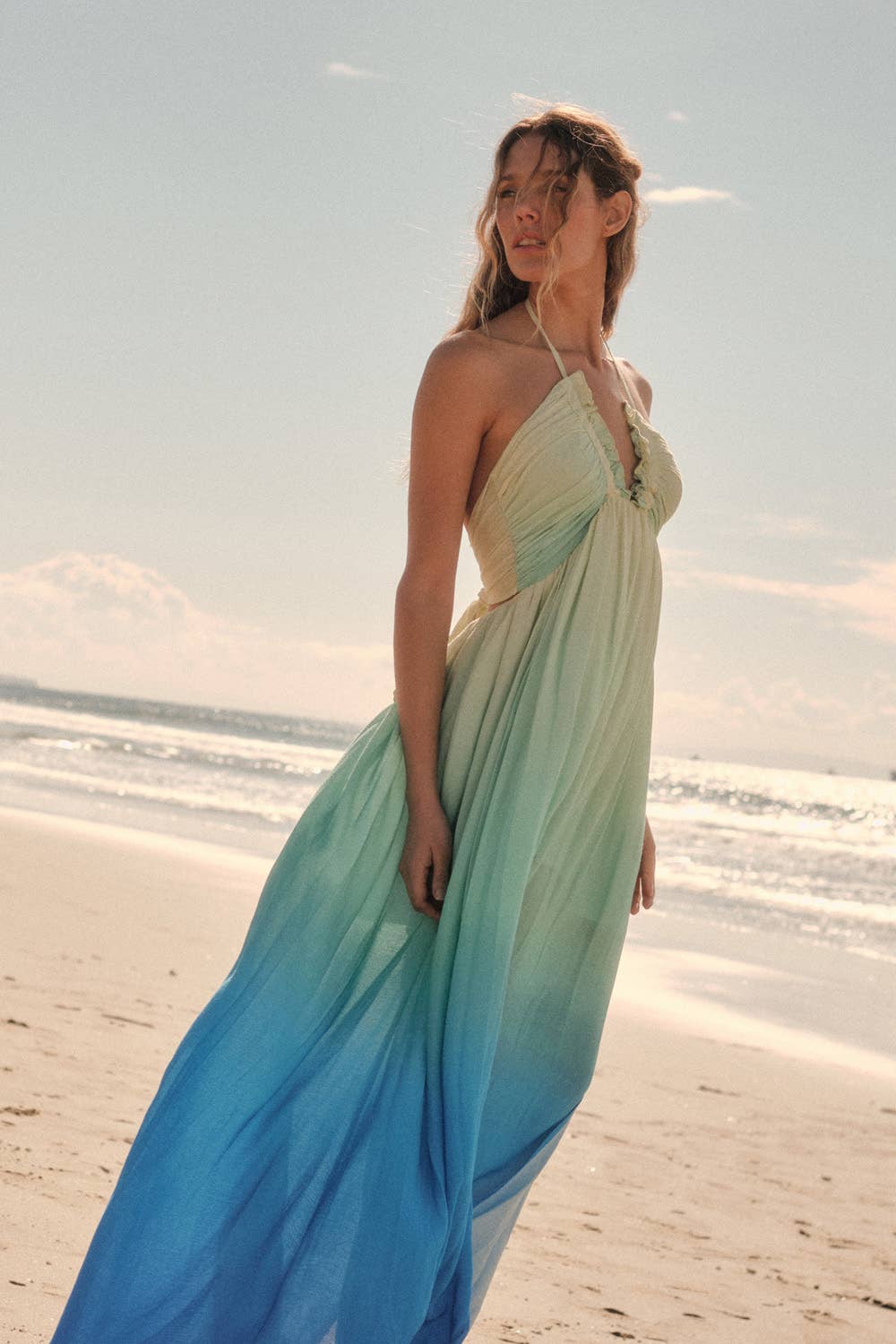 Ombre Crepe Tie-Back Halter Pocket Maxi Dress