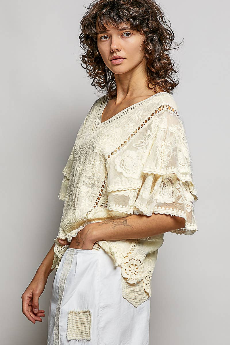 V-neck Short Sleeve Crochet Trim Solid Top