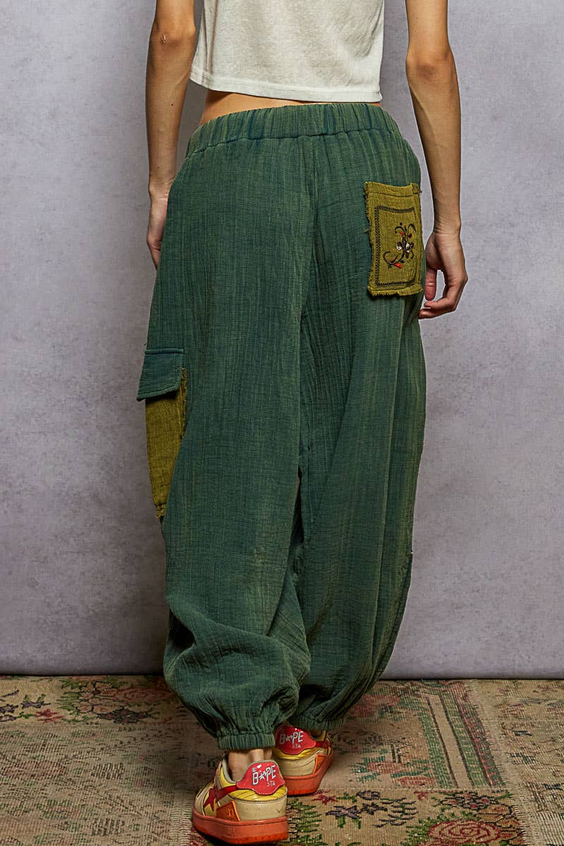 Floral Embroidered Double Gauze Cargo Pants S - L