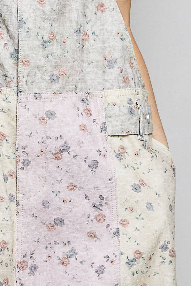 Boho Floral Print Lace Trim Woven Front Zip Overall