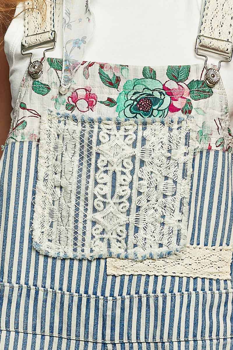 Printed Lace Patch Trim Strap Relaxed Fit Jogger Overall
