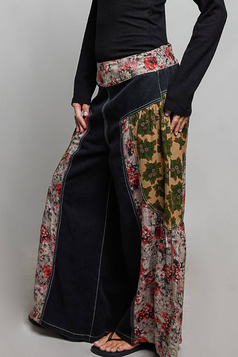 Vintage Washing Floral High Rise Wide Leg Twill Pants