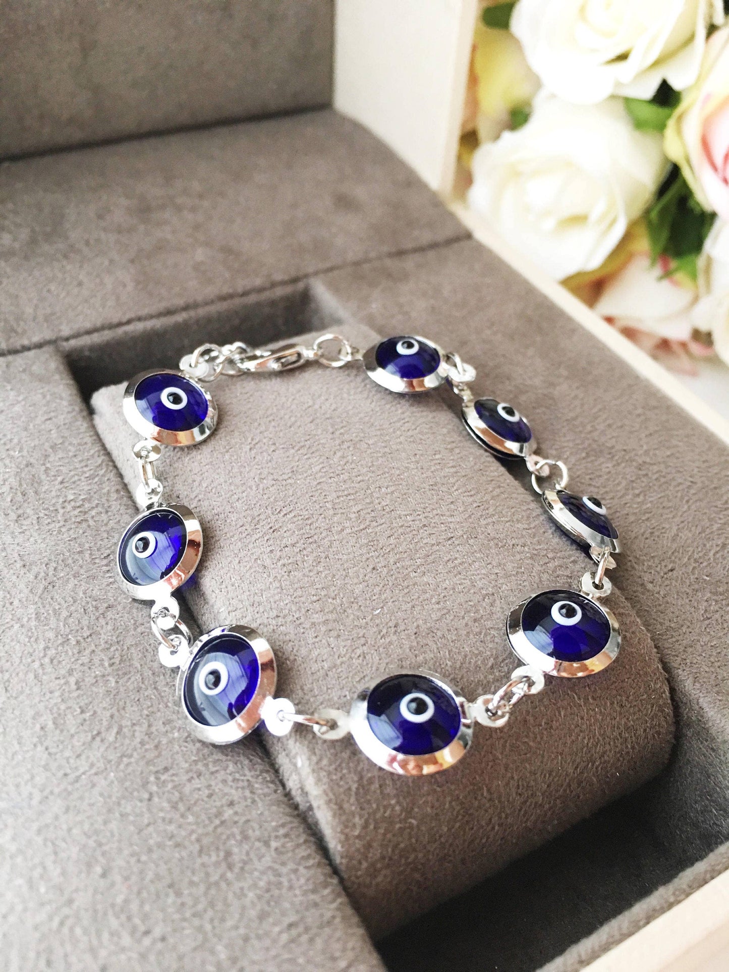 Silver Chain Bracelet, Glass Evil Eye Charm Bracelet, Greek Jewelry