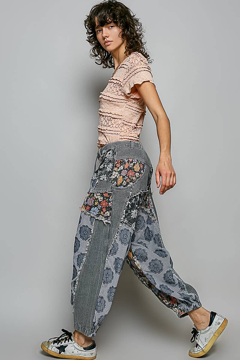 Jacquard Floral Twill Patch Waist Loop Jogger Pants