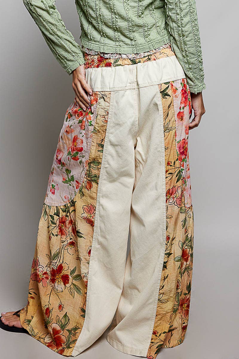 Vintage Washing Floral High Rise Wide Leg Twill Pants