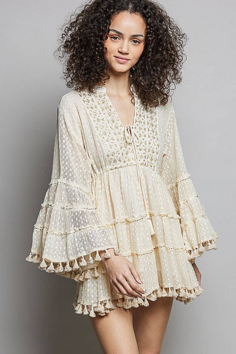 Split Embroidery Tassel Detail V-Neck Flared Short Dress