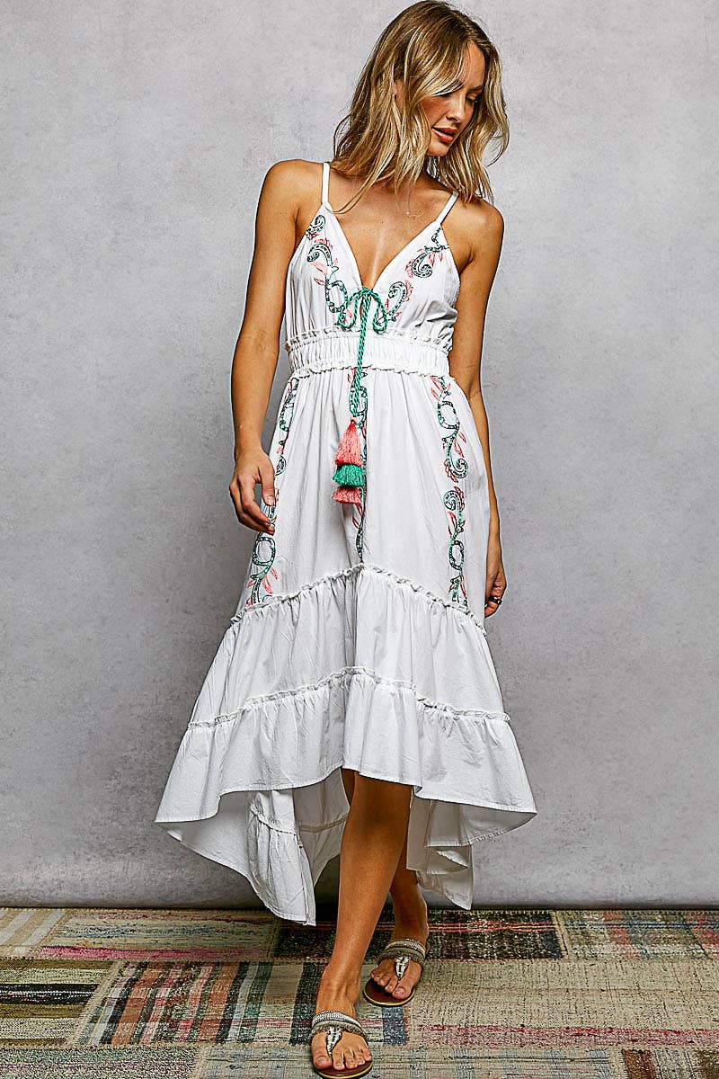 V-Neck Sleeveless Embroidery Tiered Cotton Dress